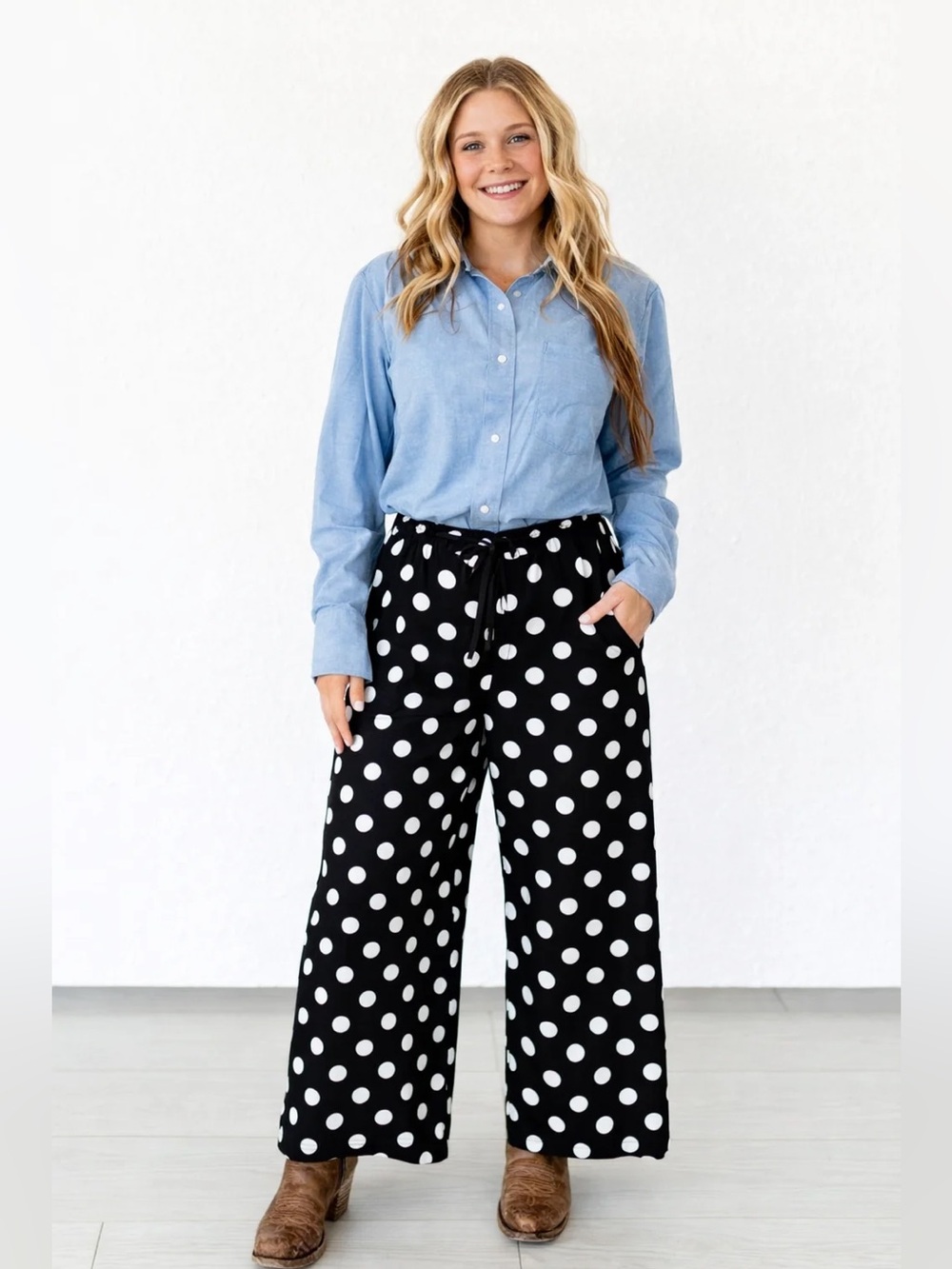 TURQUOISE HAVEN BLACK & WHITE POLKA DOT WIDE LEG PANTS NWT SMALL